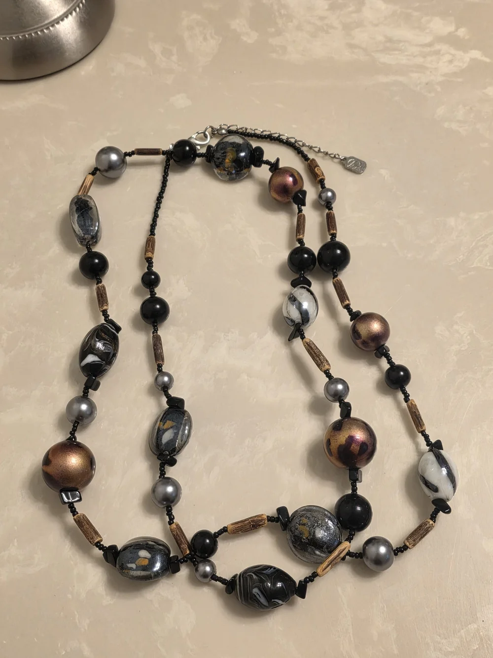 Elegant Multi-Strand Beaded Necklace in Black, Gray, Brown and Gold Tones